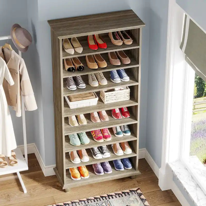 Meuble à chaussures étroit et haut à 9 niveaux avec éclairage LED pour le salon