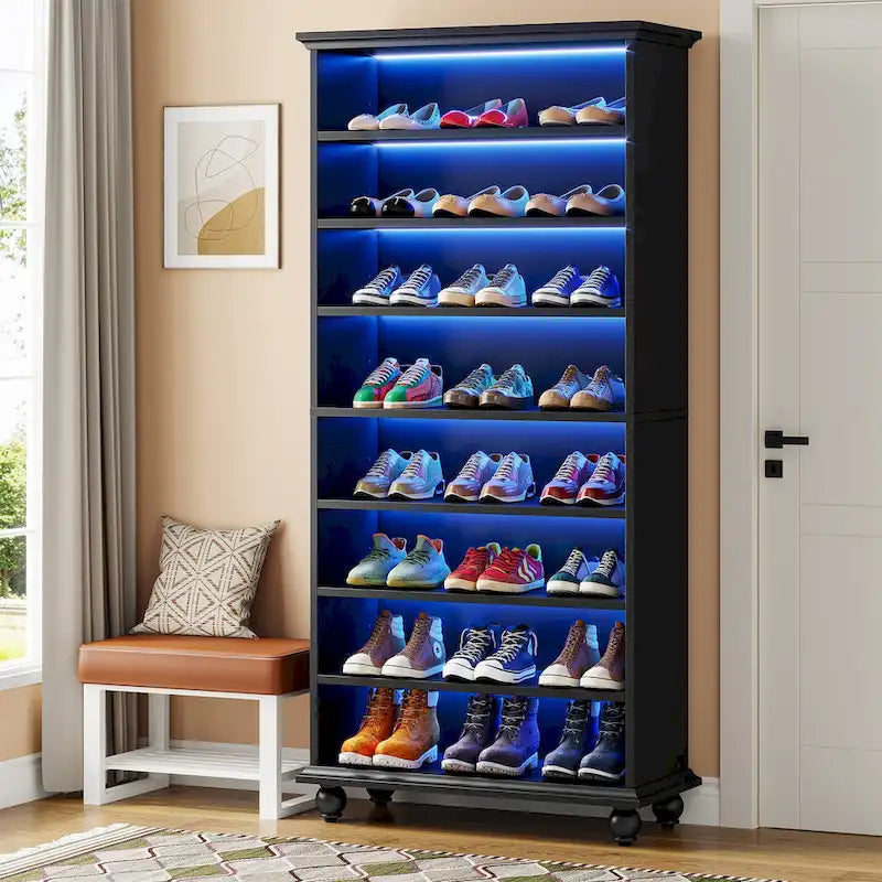Meuble à chaussures étroit et haut à 9 niveaux avec éclairage LED pour le salon