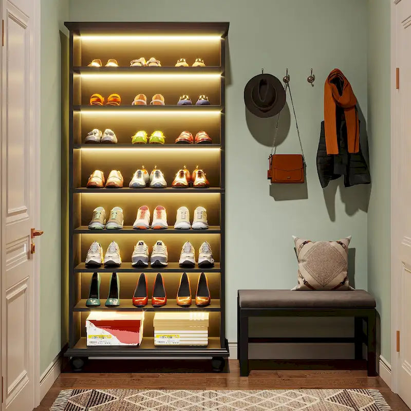 Meuble à chaussures étroit et haut à 9 niveaux avec éclairage LED pour le salon
