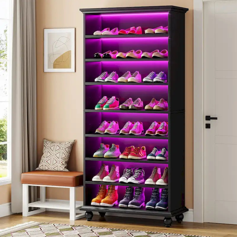 Meuble à chaussures étroit et haut à 9 niveaux avec éclairage LED pour le salon