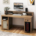 Bureau en bois de style ferme – Bandeau LED, 4 prises CA, 2 ports USB, support d'écran et tiroir