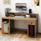 Bureau en bois de style ferme – Bandeau LED, 4 prises CA, 2 ports USB, support d'écran et tiroir