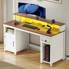 Bureau en bois de style ferme – Bandeau LED, 4 prises CA, 2 ports USB, support d'écran et tiroir