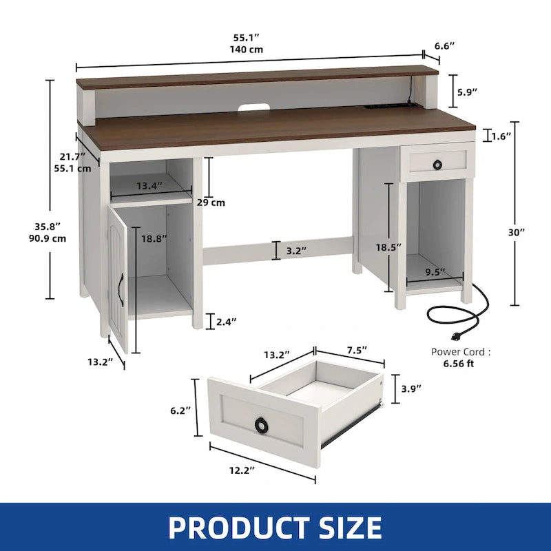 Bureau en bois de style ferme – Bandeau LED, 4 prises CA, 2 ports USB, support d'écran et tiroir