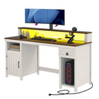 Bureau en bois de style ferme – Bandeau LED, 4 prises CA, 2 ports USB, support d'écran et tiroir