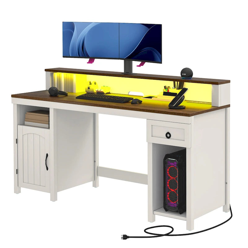 Bureau en bois de style ferme – Bandeau LED, 4 prises CA, 2 ports USB, support d'écran et tiroir