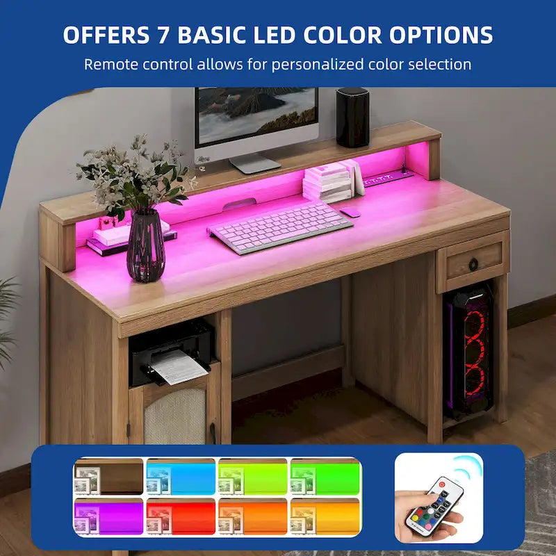 Bureau en bois de style ferme – Bandeau LED, 4 prises CA, 2 ports USB, support d'écran et tiroir