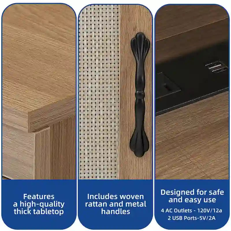 Bureau en bois de style ferme – Bandeau LED, 4 prises CA, 2 ports USB, support d'écran et tiroir