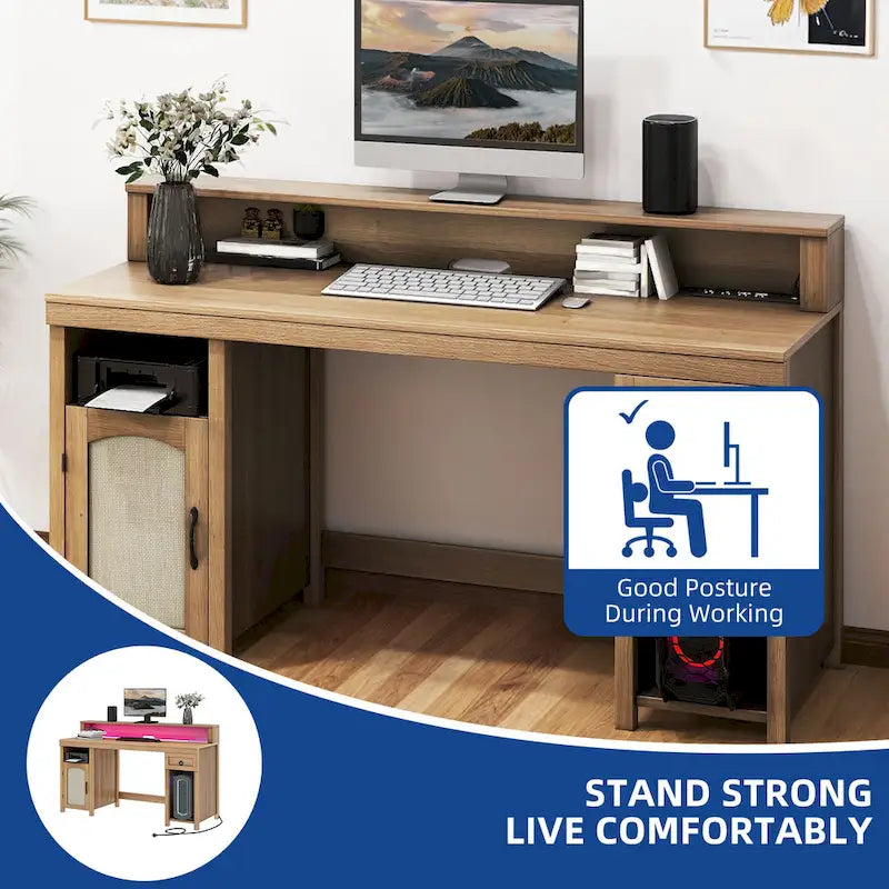 Bureau en bois de style ferme – Bandeau LED, 4 prises CA, 2 ports USB, support d'écran et tiroir