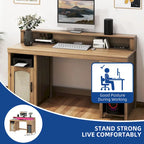 Bureau en bois de style ferme – Bandeau LED, 4 prises CA, 2 ports USB, support d'écran et tiroir
