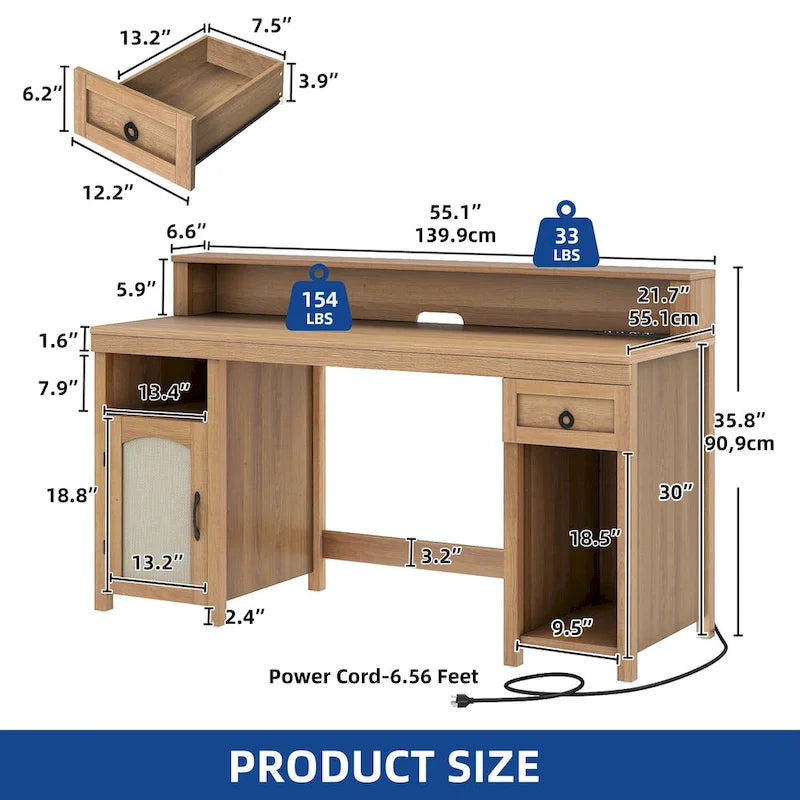 Bureau en bois de style ferme – Bandeau LED, 4 prises CA, 2 ports USB, support d'écran et tiroir