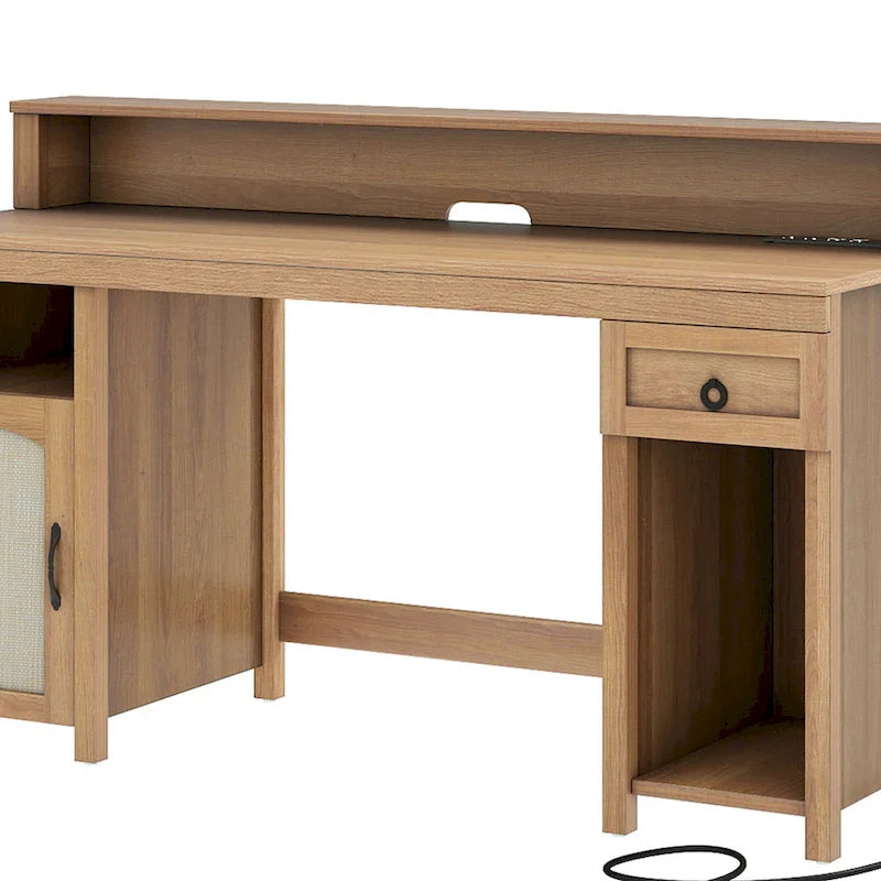 Bureau en bois de style ferme – Bandeau LED, 4 prises CA, 2 ports USB, support d'écran et tiroir