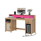 Bureau en bois de style ferme – Bandeau LED, 4 prises CA, 2 ports USB, support d'écran et tiroir