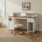 Bureau en bois de style ferme – Bandeau LED, 4 prises CA, 2 ports USB, support d'écran et tiroir