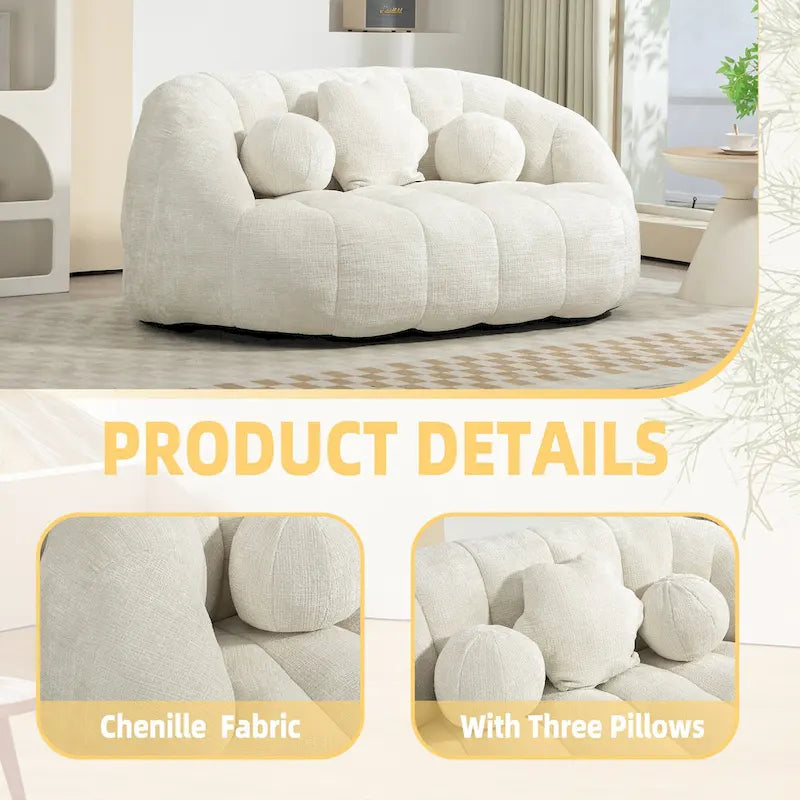 Fauteuil de salon chenille blanc 63,78 po avec rembourrage en mousse et oreillers