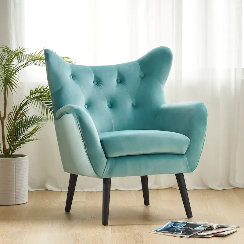 Fauteuil à oreilles de style milieu de siècle – Velours capitonné, pieds en chêne, 34 larg. x 30 prof. x 40 haut. po.