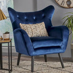Fauteuil à oreilles de style milieu de siècle – Velours capitonné, pieds en chêne, 34 larg. x 30 prof. x 40 haut. po.