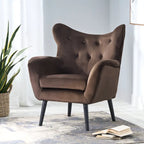 Fauteuil à oreilles de style milieu de siècle – Velours capitonné, pieds en chêne, 34 larg. x 30 prof. x 40 haut. po.