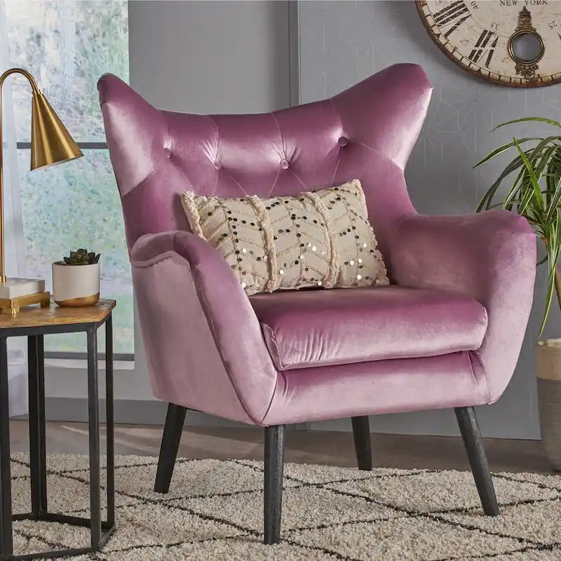 Fauteuil à oreilles de style milieu de siècle – Velours capitonné, pieds en chêne, 34 larg. x 30 prof. x 40 haut. po.
