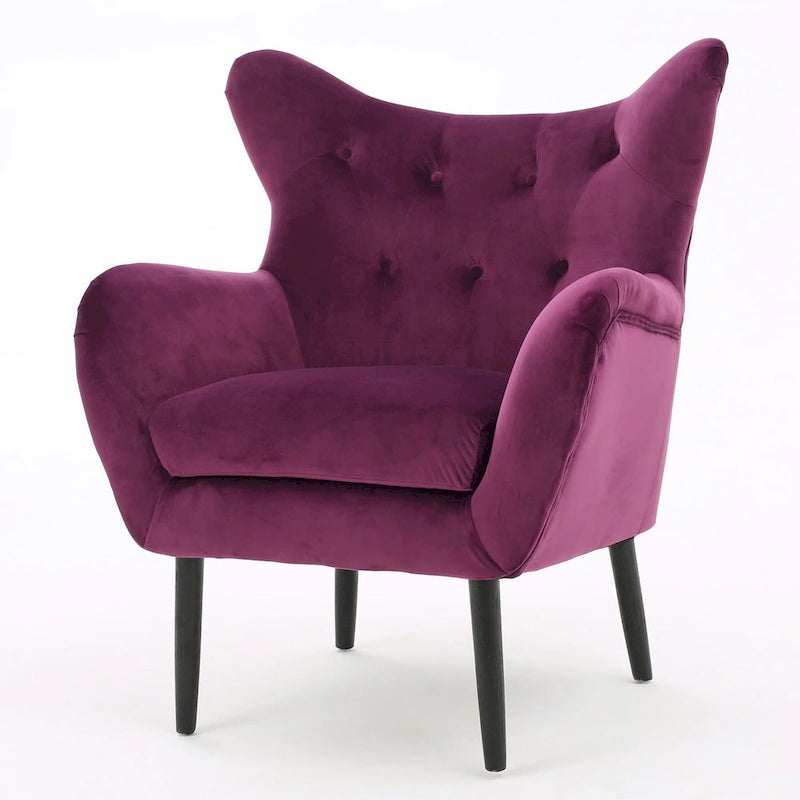 Fauteuil à oreilles de style milieu de siècle – Velours capitonné, pieds en chêne, 34 larg. x 30 prof. x 40 haut. po.