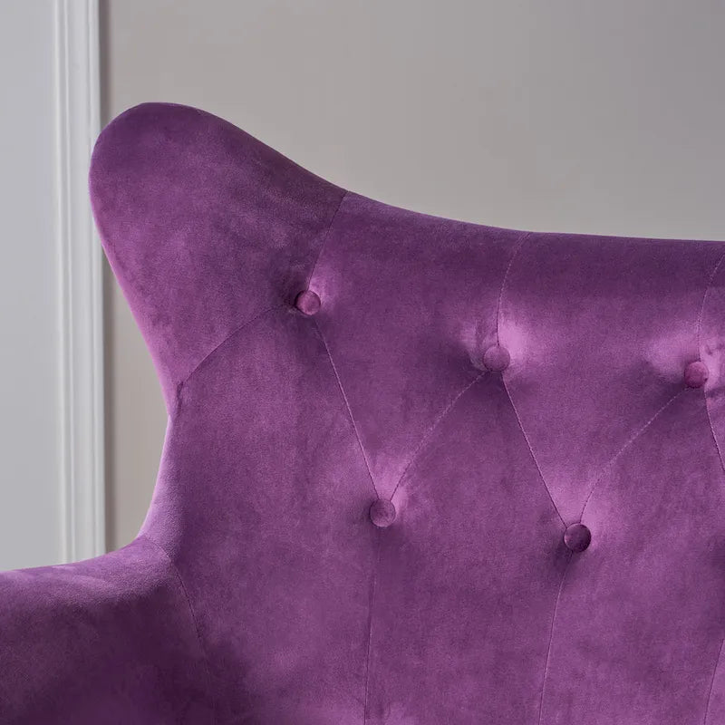 Fauteuil à oreilles de style milieu de siècle – Velours capitonné, pieds en chêne, 34 larg. x 30 prof. x 40 haut. po.