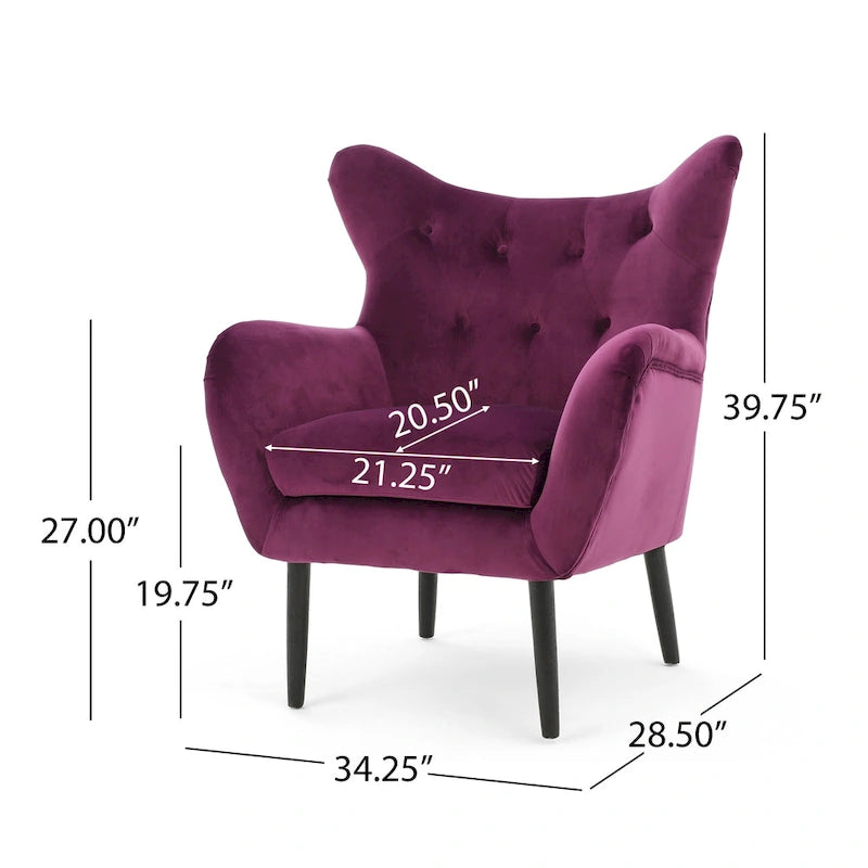 Fauteuil à oreilles de style milieu de siècle – Velours capitonné, pieds en chêne, 34 larg. x 30 prof. x 40 haut. po.