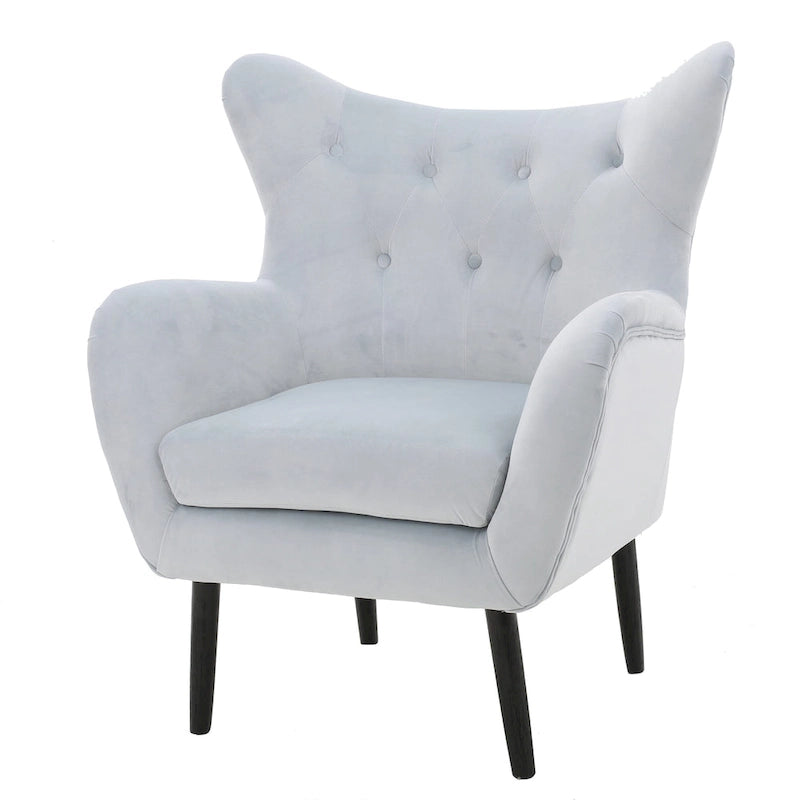 Fauteuil à oreilles de style milieu de siècle – Velours capitonné, pieds en chêne, 34 larg. x 30 prof. x 40 haut. po.
