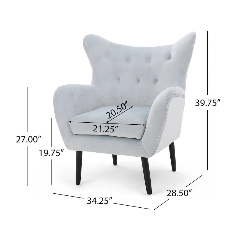 Fauteuil à oreilles de style milieu de siècle – Velours capitonné, pieds en chêne, 34 larg. x 30 prof. x 40 haut. po.