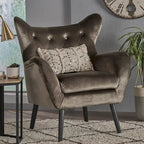 Fauteuil à oreilles de style milieu de siècle – Velours capitonné, pieds en chêne, 34 larg. x 30 prof. x 40 haut. po.