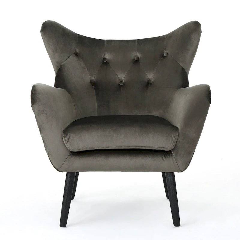 Fauteuil à oreilles de style milieu de siècle – Velours capitonné, pieds en chêne, 34 larg. x 30 prof. x 40 haut. po.