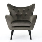 Fauteuil à oreilles de style milieu de siècle – Velours capitonné, pieds en chêne, 34 larg. x 30 prof. x 40 haut. po.