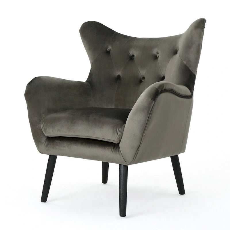 Fauteuil à oreilles de style milieu de siècle – Velours capitonné, pieds en chêne, 34 larg. x 30 prof. x 40 haut. po.