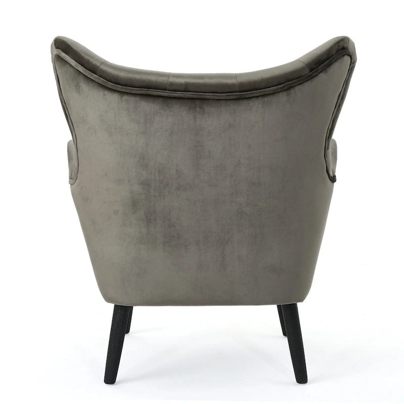 Fauteuil à oreilles de style milieu de siècle – Velours capitonné, pieds en chêne, 34 larg. x 30 prof. x 40 haut. po.