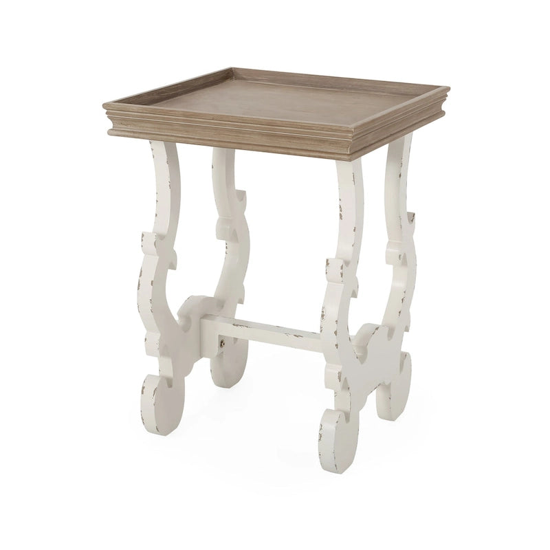Table d'appoint de style champêtre français – Pieds sculptés, plateau à rebords, entretoise en H, 47,6 cm carré
