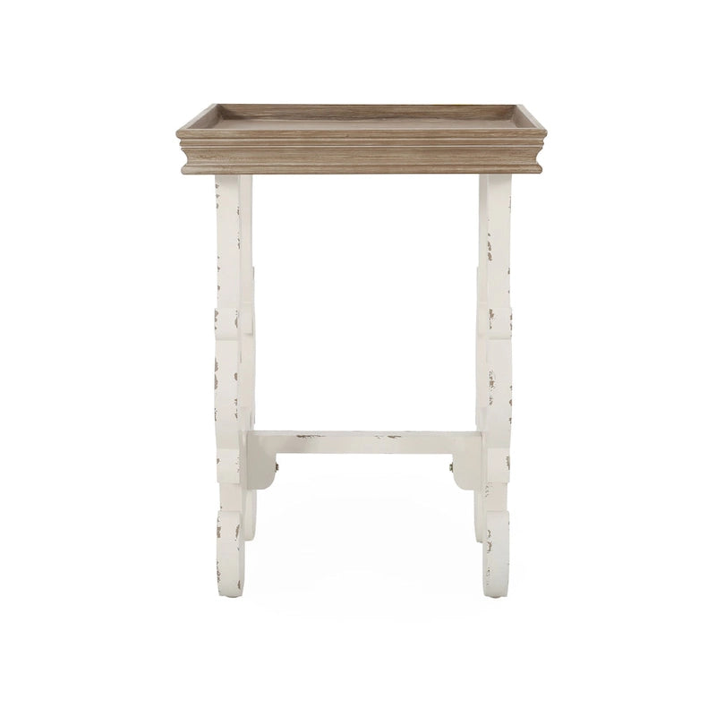 Table d'appoint de style champêtre français – Pieds sculptés, plateau à rebords, entretoise en H, 47,6 cm carré