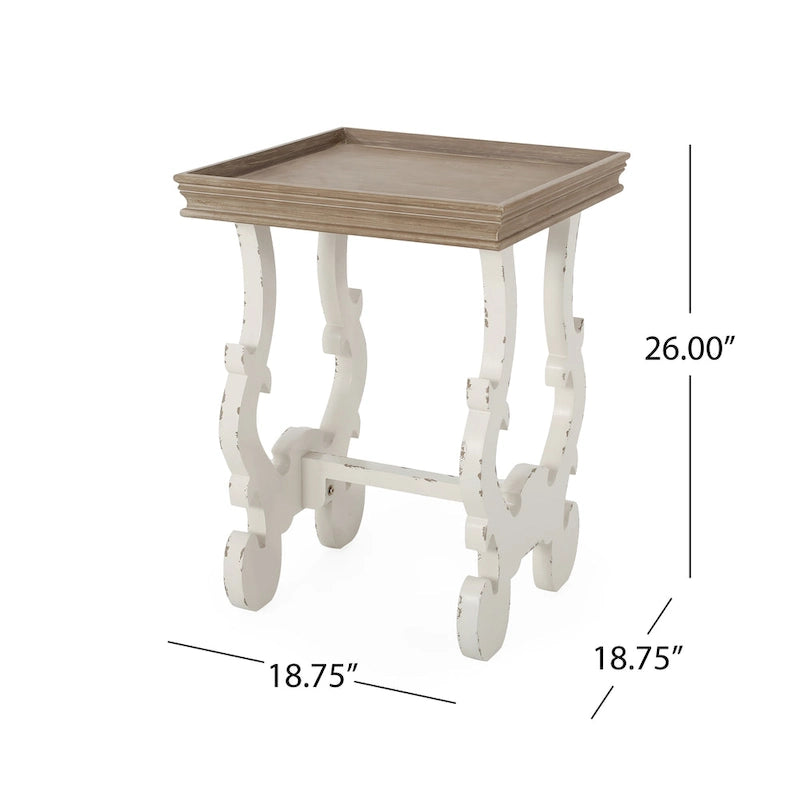 Table d'appoint de style champêtre français – Pieds sculptés, plateau à rebords, entretoise en H, 47,6 cm carré
