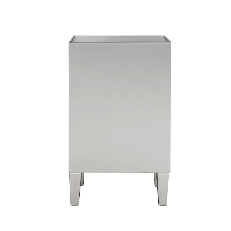 Table de chevet à 1 tiroir avec miroir – Panneaux de miroir biseautés, poignées en cristal, garniture argentée, 45,7 cm de large