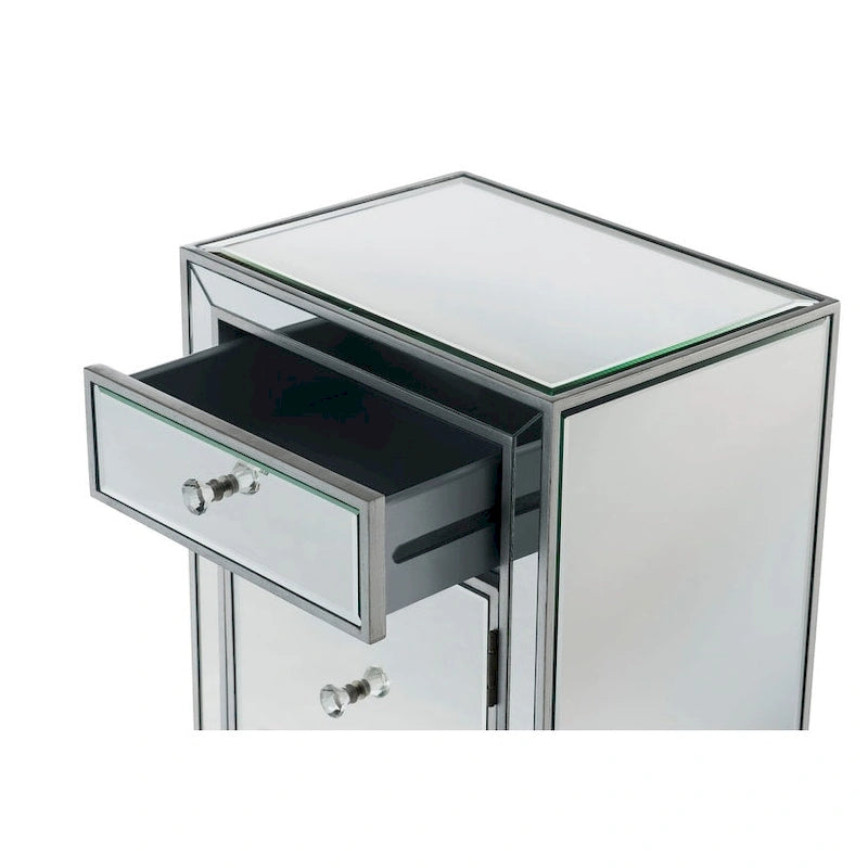 Table de chevet à 1 tiroir avec miroir – Panneaux de miroir biseautés, poignées en cristal, garniture argentée, 45,7 cm de large