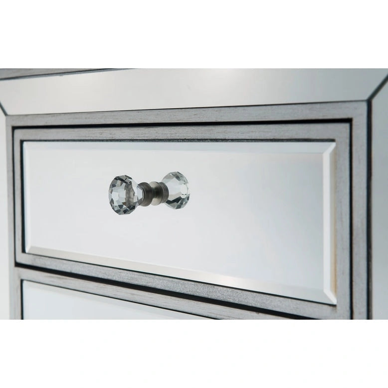 Table de chevet à 1 tiroir avec miroir – Panneaux de miroir biseautés, poignées en cristal, garniture argentée, 45,7 cm de large