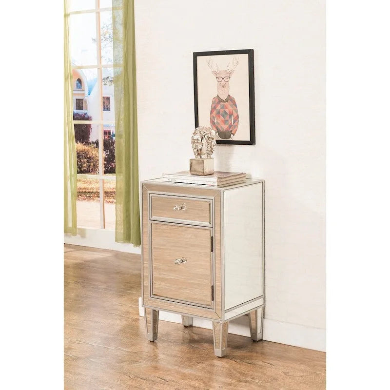 Table de chevet à 1 tiroir avec miroir – Panneaux de miroir biseautés, poignées en cristal, garniture argentée, 45,7 cm de large