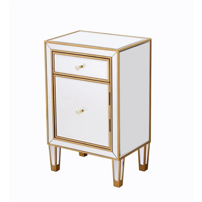 Table de chevet à 1 tiroir avec miroir – Panneaux de miroir biseautés, poignées en cristal, garniture argentée, 45,7 cm de large