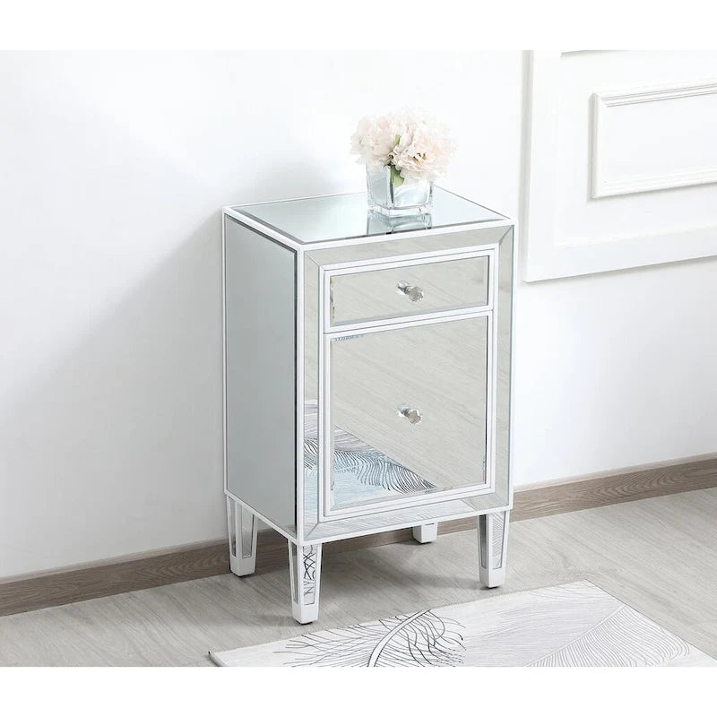 Table de chevet à 1 tiroir avec miroir – Panneaux de miroir biseautés, poignées en cristal, garniture argentée, 45,7 cm de large