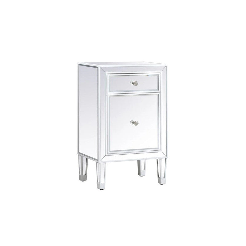 Table de chevet à 1 tiroir avec miroir – Panneaux de miroir biseautés, poignées en cristal, garniture argentée, 45,7 cm de large
