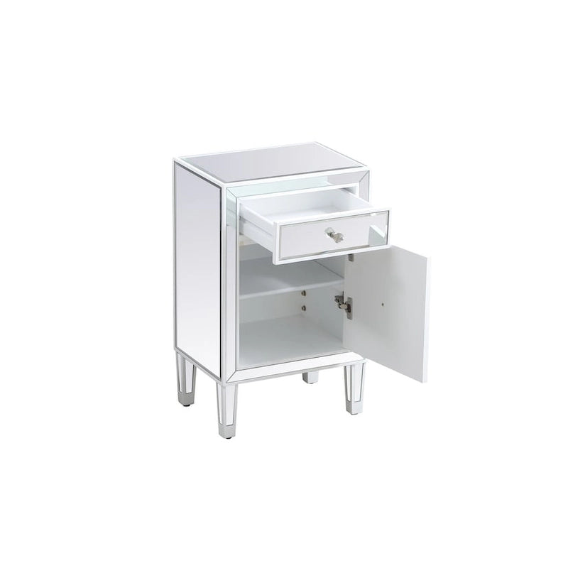 Table de chevet à 1 tiroir avec miroir – Panneaux de miroir biseautés, poignées en cristal, garniture argentée, 45,7 cm de large