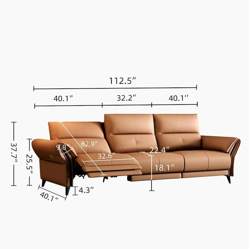 Canapé inclinable électrique en similicuir vegan de 112,5 po avec port de chargement USB