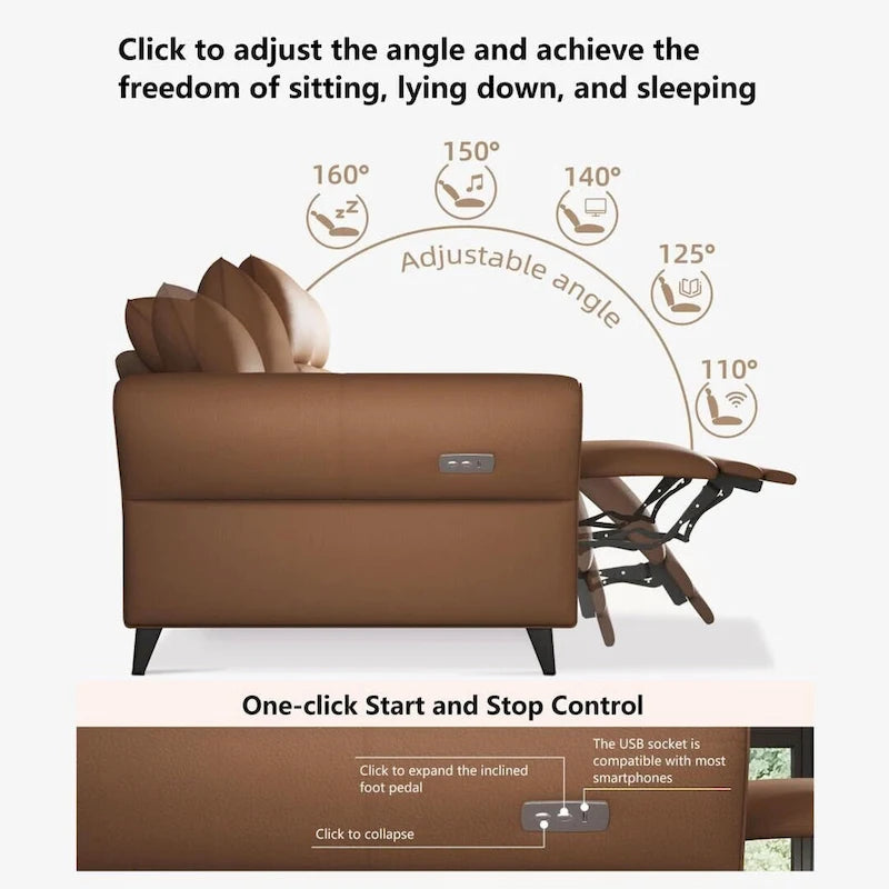 Canapé inclinable électrique en similicuir vegan de 112,5 po avec port de chargement USB