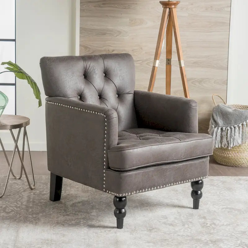Fauteuil Club en microfibre – Dossier capitonné, cadre en bouleau, 28 larg. x 29,5 prof. x 33,5 haut. (po), brun grisâtre ou gris ardoise