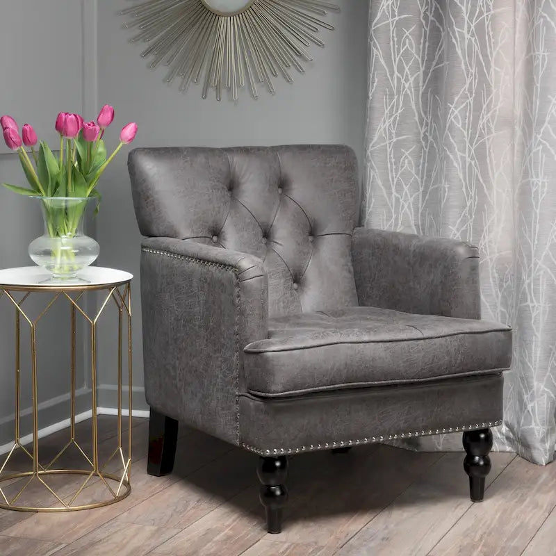 Microfiber Club Chair – Button-Tufted Back, Birch Frame, 28W x 29.5D x 33.5H", Greyish Brown or Slate Grey