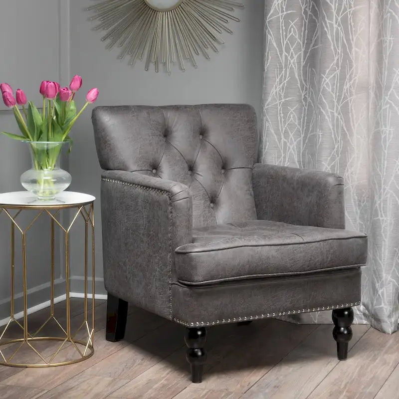 Fauteuil Club en microfibre – Dossier capitonné, cadre en bouleau, 28 larg. x 29,5 prof. x 33,5 haut. (po), brun grisâtre ou gris ardoise