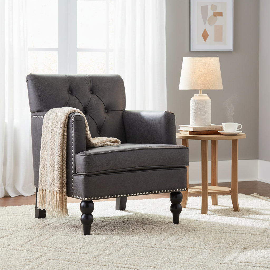 Fauteuil Club en microfibre – Dossier capitonné, cadre en bouleau, 28 larg. x 29,5 prof. x 33,5 haut. (po), brun grisâtre ou gris ardoise